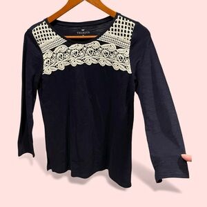 Cute navy cotton lace crochet overlay boho top talbots long sleeve lattice